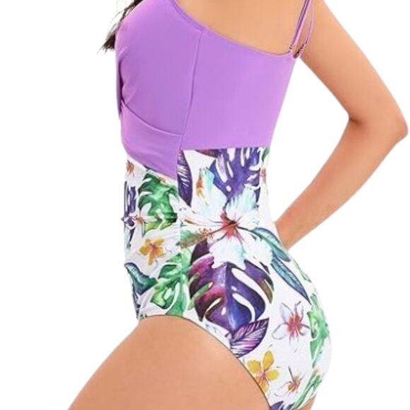 $135 Medium Purple High Waisted Cut One Piece Swimsuit Swimwear Tummy Control - Picture 5 of 5